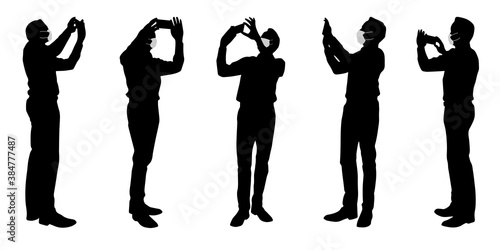 Vector concept conceptual  silhouette men talking while social distancing as means of prevention and protection against coronavirus contamination. A metaphor for the new normal.