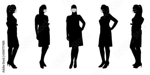 Vector concept conceptual  silhouette women taking while social distancing as means of prevention and protection against coronavirus contamination. A metaphor for the new normal.