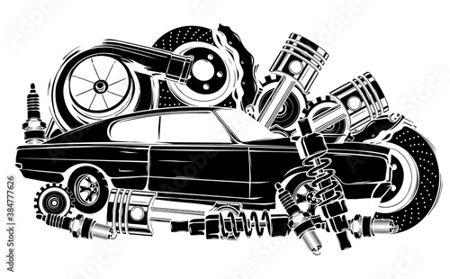 Vector illustration of Car Spares Frame and parts black silhouette