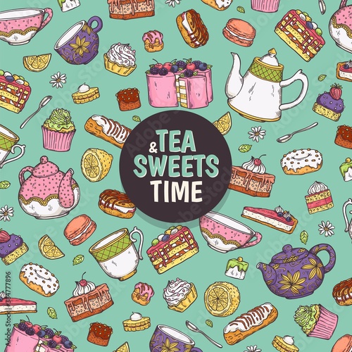 An invitation to a tea party a colorful vector hand drawn illustration