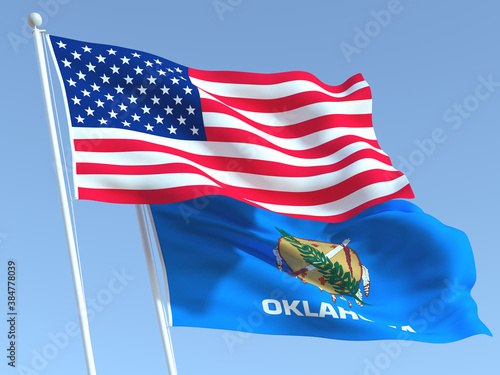 The flags of United States and Oklahoma state on the blue sky. For news, reportage, business. 3d illustration