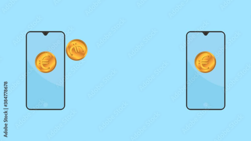 Online payment or transfer Euro with mobile app. Smartphone banking, business and mobile concepts animation. blue background. Online payment or transfer Euro with mobile app. Smartphone banking, business and mobile concepts animation. blue background.