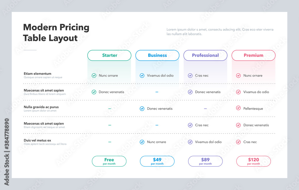 Modern pricing table layout with four subscription plans. Flat infographic design template for website or presentation. Modern pricing table layout with four subscription plans. Flat infographic design template for website or presentation.