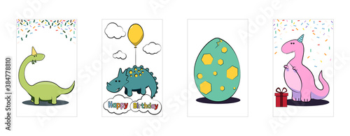 Children's cards on which painted cute dinosaurs of different types and a dinosaur egg, characters for cartoons.