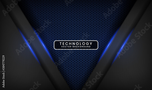 Abstract 3D black techno background overlap layers on dark space with blue light effect decoration. Modern graphic design template elements for poster, flyer, brochure, landing page, or banner