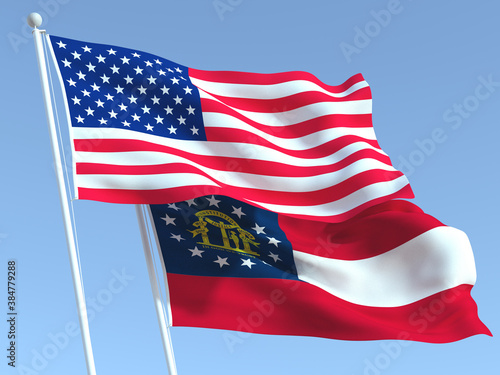 The flags of United States and Georgia state on the blue sky. For news, reportage, business. 3d illustration