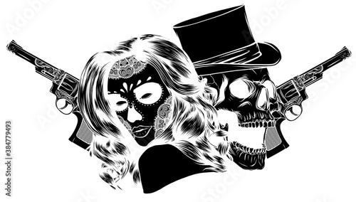 black silhouette beautiful gangsta girl and skull vector illustration