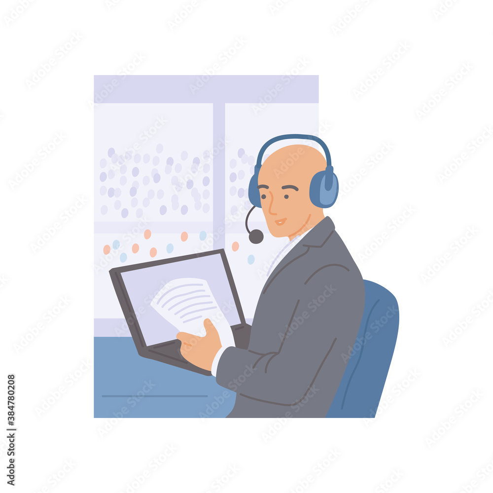 Male sports commentator, presenter or reporter a vector flat illustration Male sports commentator, presenter or reporter a vector flat illustration