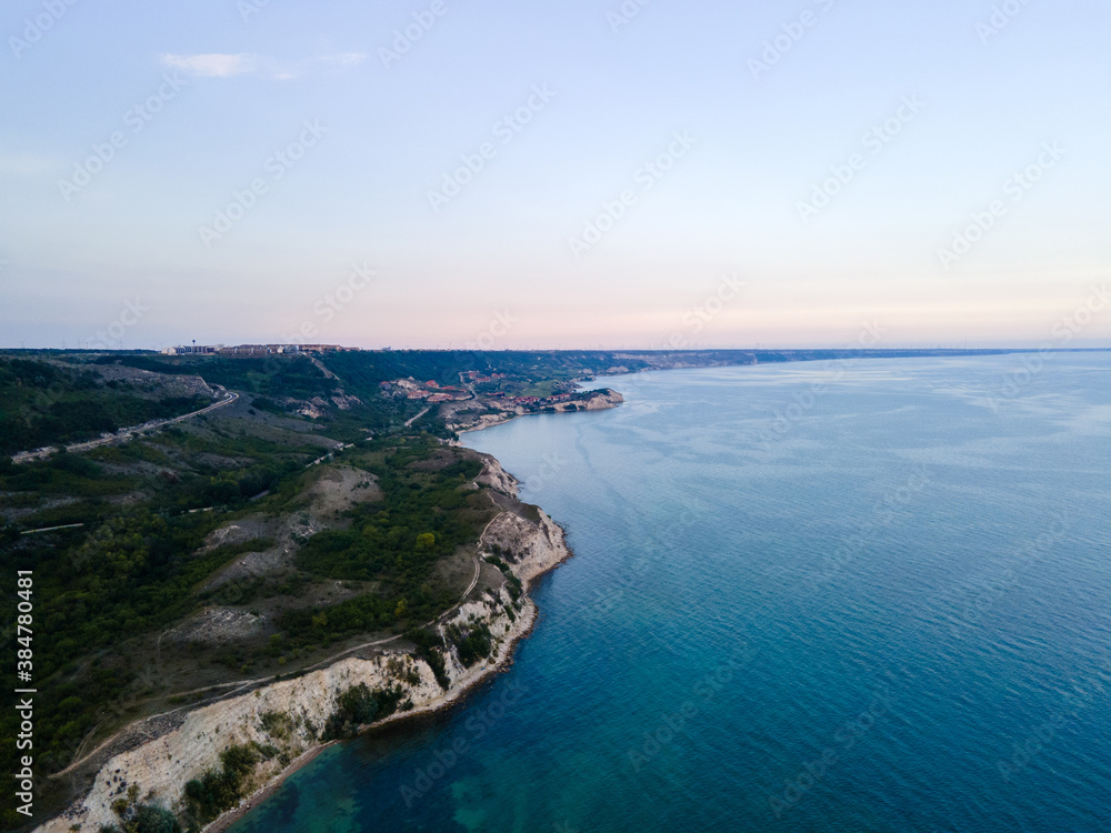 Aerial drone view of sea and coast hill