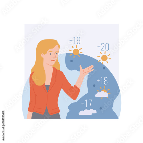 Weather forecast TV presenter woman character flat vector illustration isolated.