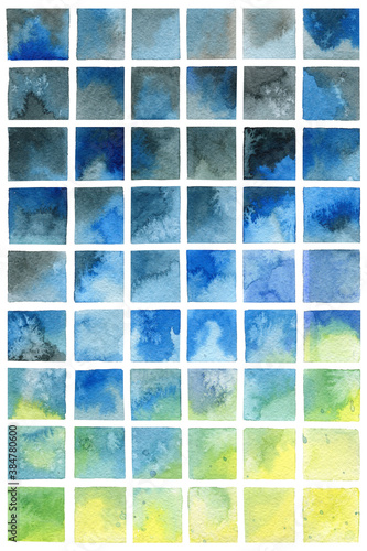 Square watercolour mosaic. Gradient texture on white background. Abstract blot effects.