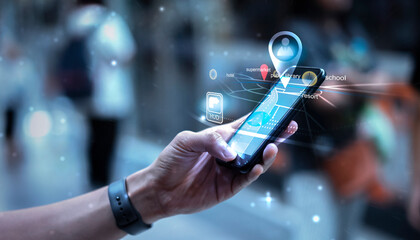 Digital Business Transport Technology using mobile smart phone cellphone navigation travel commuter transportation train car airplane city walking through street with people background, graphic icon