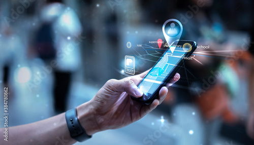 Fototapeta Naklejka Na Ścianę i Meble -  Digital Business Transport Technology using mobile smart phone cellphone navigation travel commuter transportation train car airplane city walking through street with people background, graphic icon