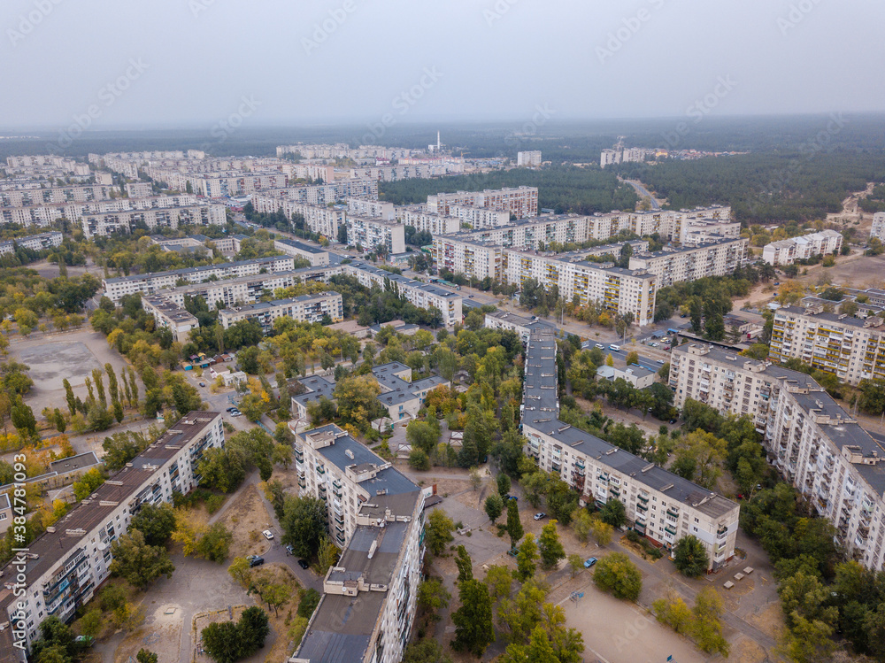 Small ukrainian city from above in summer. Retro