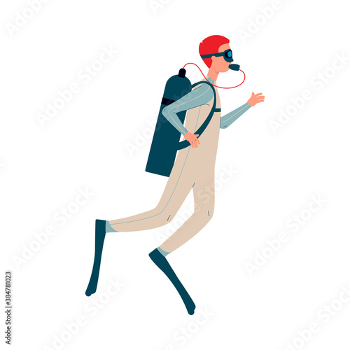 Man cartoon character diving with scuba, flat vector illustration isolated.