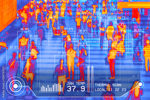 international passengers infrared thermal heat scan imaging camera sensor at airport seeking high body temperature checking system detection corona virus covid-19 infection disease, group of people