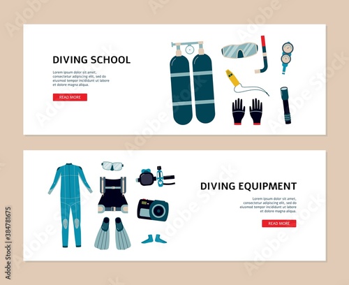 Set of flyers for scuba diving school and equipment, flat vector illustration.