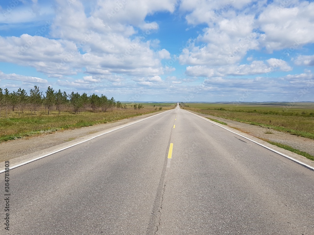 Empty asphalt road in the steppe