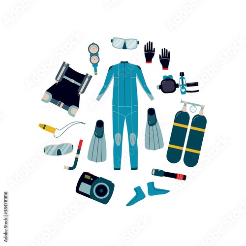Equipment and suit for watersports and diving flat vector illustration isolated.