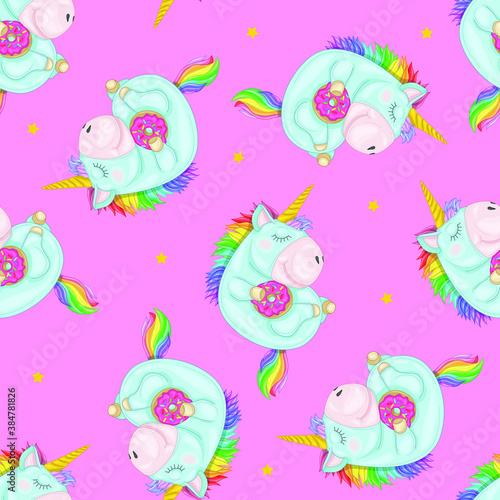 Cute bright sleeping rainbow unicorn creature with donut seamless pattern template. Colorful cartoon vector illustration for icons, emoji symbols, games, background, pattern, decor. Print for fabrics 