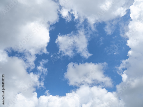 Photography Looking up at patch of blue sky surrounded by white clouds