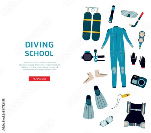 Diving school banner template with scuba diver equipment.