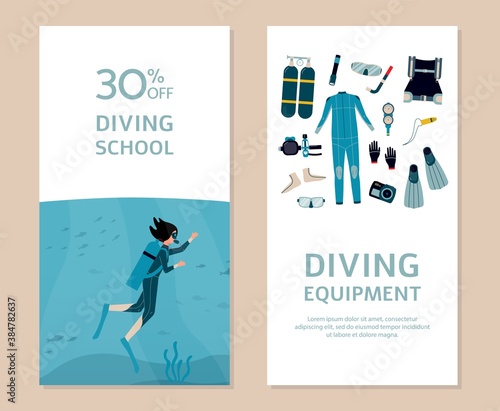 Vector design of cards for scuba diving school with diving equipment