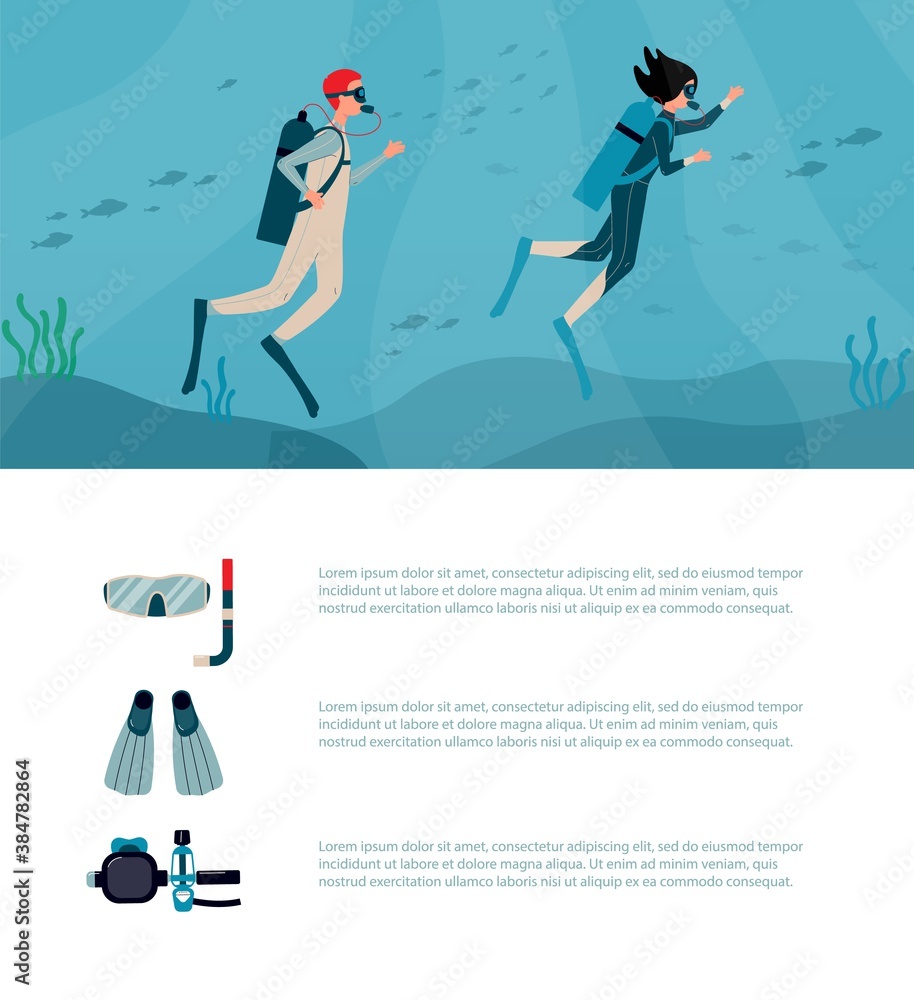 Web banner or poster for scuba diving with divers flat vector illustration.