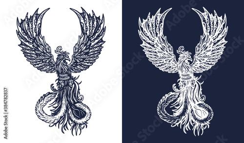 Magic heat birds tattoo and t-shirt design. Symbol of revival, regeneration, life and death. Phoenix art. Black and white vector graphics