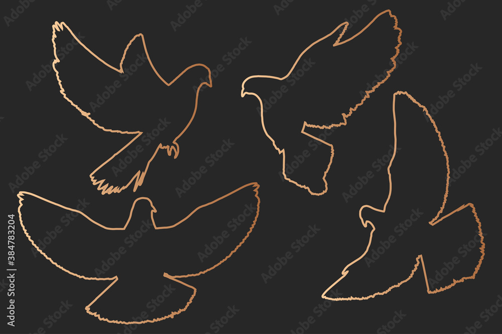 Doves silhouettes set bronze line- art Doves silhouettes set bronze line- art