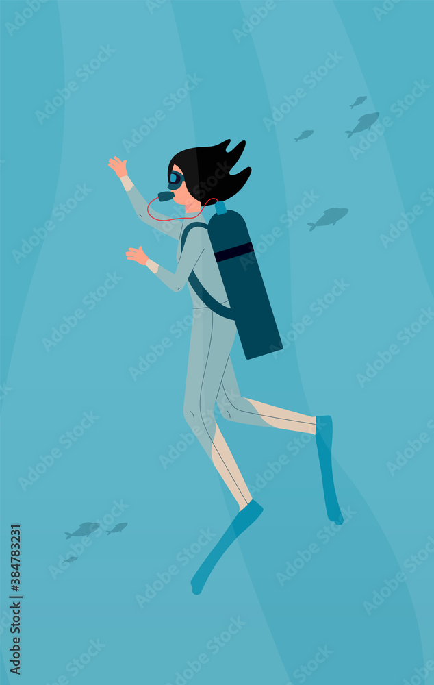Diver woman character swimming underwater with scuba, flat vector illustration. Diver woman character swimming underwater with scuba, flat vector illustration.