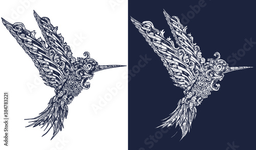 Humming bird tattoo and t-shirt design. Symbol of freedom, dream, travel, imagination. Black and white vector graphics