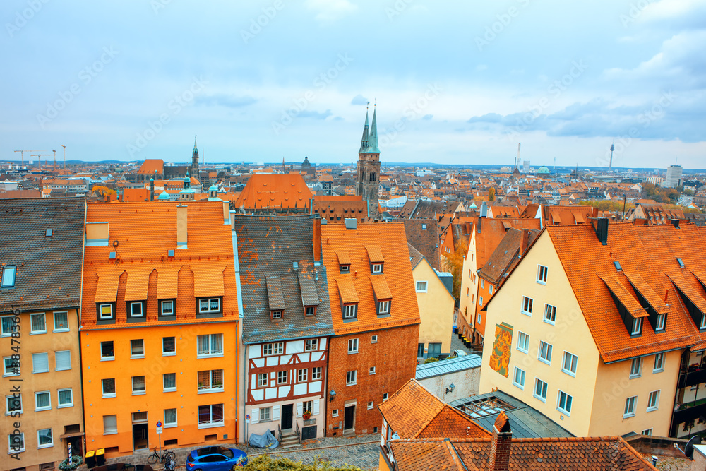 Nuremberg aerial cityscape , view of rooftops and St. Sebald church spire. Residential german district 