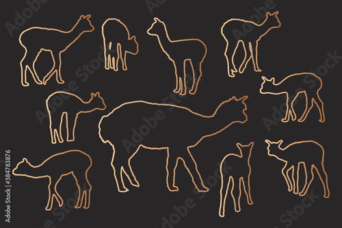Adult alpaca with newborn alpaca. Family silhouettes bronze line- art