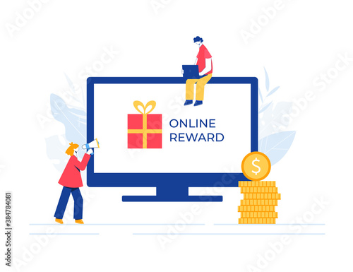People near the monitor screen, gift box and a stack of gold coins. 