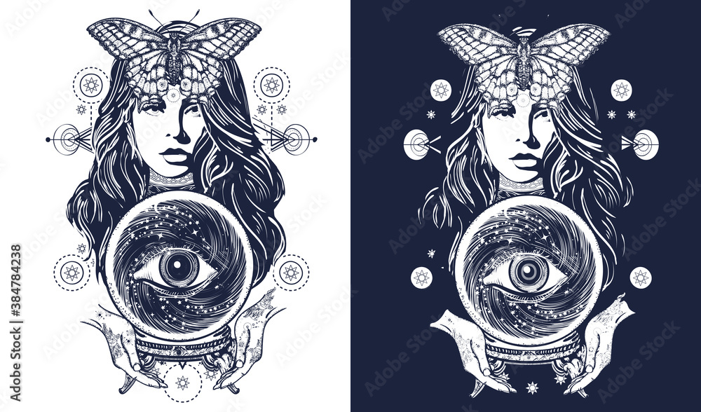Witch woman t-shirt design. Magic woman tattoo art. Fortune teller, crystal  ball, mystic and magic. Occult symbol of the fate predictions. Black and  white vector graphics Stock Vector | Adobe Stock