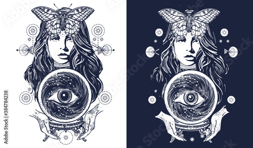 Witch woman t-shirt design. Magic woman tattoo art. Fortune teller, crystal ball, mystic and magic. Occult symbol of the fate predictions. Black and white vector graphics