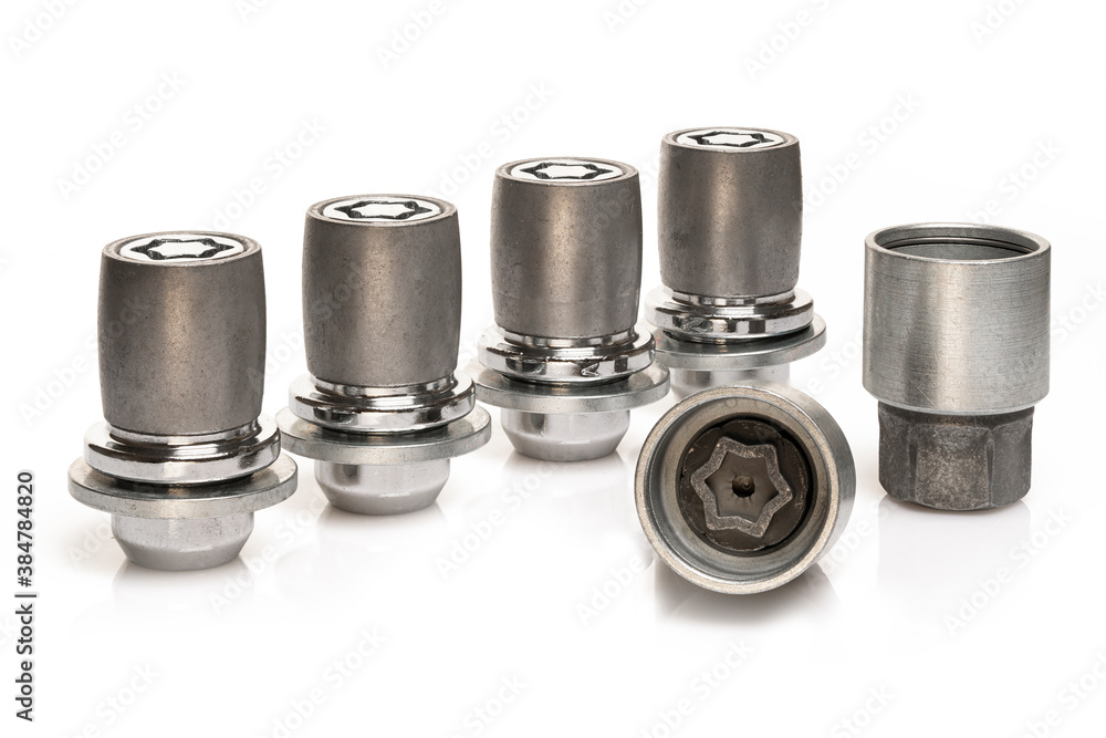 grey steel secret wheel nut locks - isolate on white background grey steel secret wheel nut locks - isolate on white background