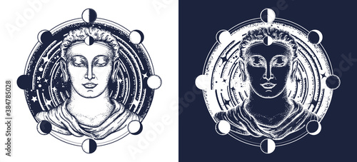 Buddha in deep space t-shirt design. Symbol of immortality, enlightenment, religion, magic. Space god. Black and white vector graphics