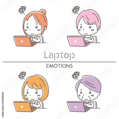 ノートパソコンと困る女性のイラスト