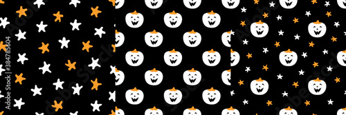 Set of seamless patterns with funny pumpkins and stars on black. Halloween vector illustration for decoration of backgrounds, leaflets, card, wallpaper, textiles, fabrics, prints, wrappers, packages.