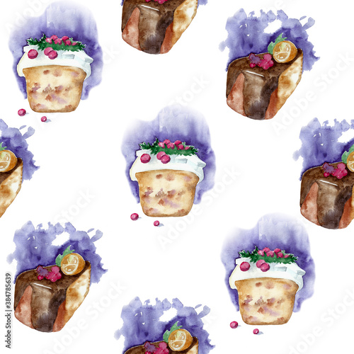 Christmas sweet watercolor pattern slice of cake poured with chocolate and cupcake with frosting © Anastasia