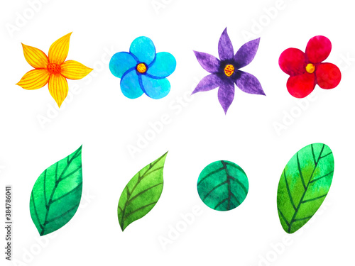 set color colorful flower leaf floral pattern watercolor painting illustration design drawing art on white isolated