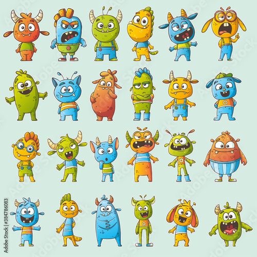 Big cartoon monster sticker set. Hand drawn vector illustration with separate layers.