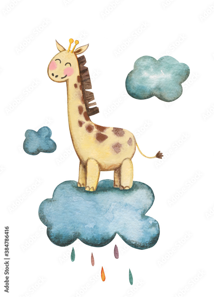 Cute lovely giraffe watercolor illustration on clouds. Children room design, posters, book illustration. Beautiful hand drawn art. African safari print Cute lovely giraffe watercolor illustration on clouds. Children room design, posters, book illustration. Beautiful hand drawn art. African safari print