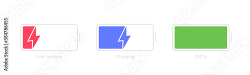 Different Battery charge level. Discharged, charging and fully charged battery smartphone. Set of battery charge level indicators. Vector Illustration