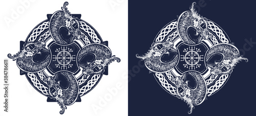 Celtic dragons, symbol of the Viking. Tattoo and t-shirt design. Black and white vector graphics