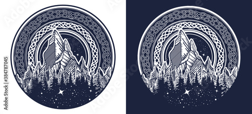 Mountain tattoo and t-shirt design. Great outdoors art. Symbol of adventure, tourism, meditation. Black and white vector graphics