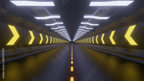 3d of road tunnel with glow light trafffic sign photo