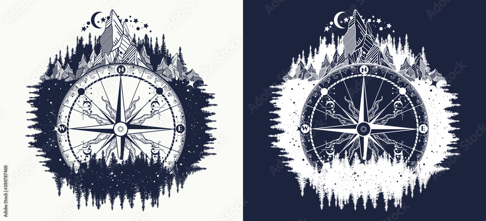 Mountain and compass tattoo art. Adventure, travel, outdoor symbol. T-shirt  design. Black and white vector graphics Stock Vector | Adobe Stock